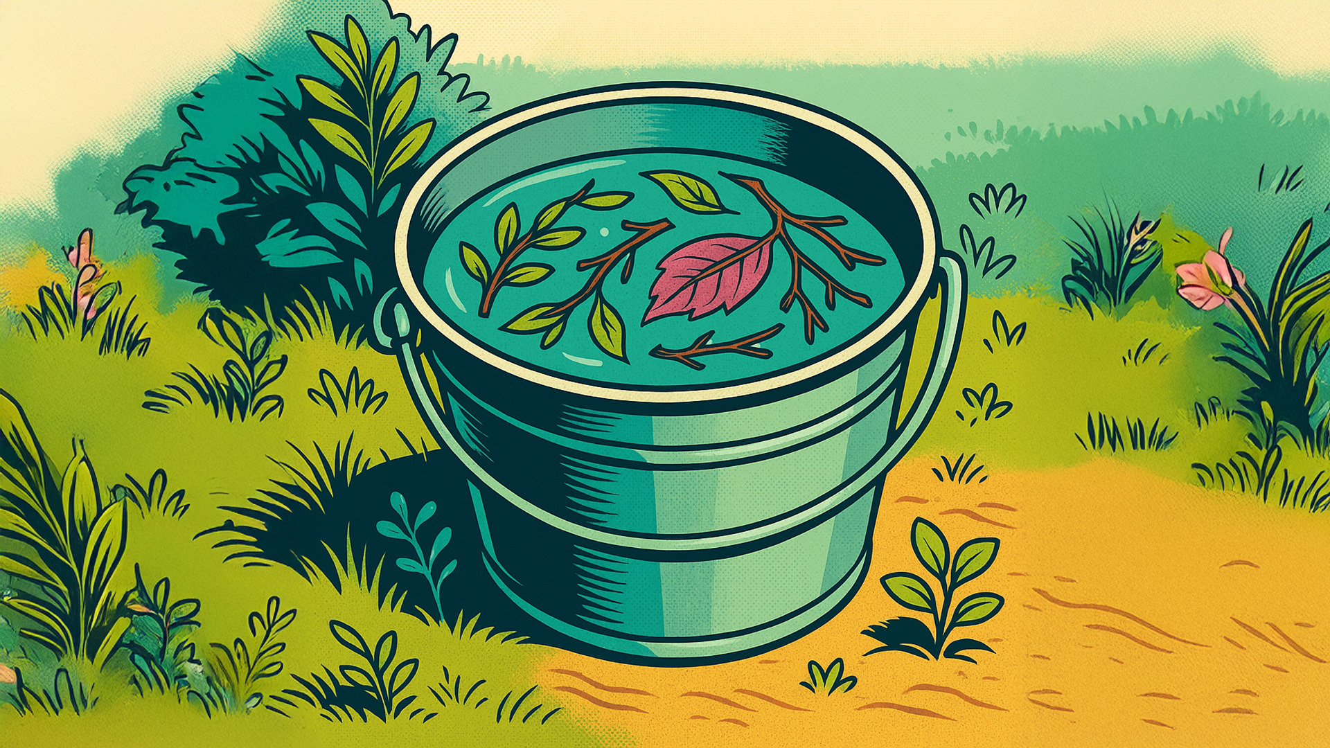 Illustration eines Eimers mit Pflanzenteilen zur Herstellung einer Pflanzenjauche. c/CopilotTimWendland