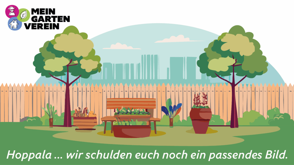 Hoppala ... wir schulden euch noch ein passendes Bild. – Illustration eines Gartens mit einer Gartenbank vor einem Staketenzaun mit einer angedeuteten Stadtsilhouette im Hintergrund und dem Logo von mein Gartenverein oben links in der Ecke. c/AdobeFirefly_TimWendland