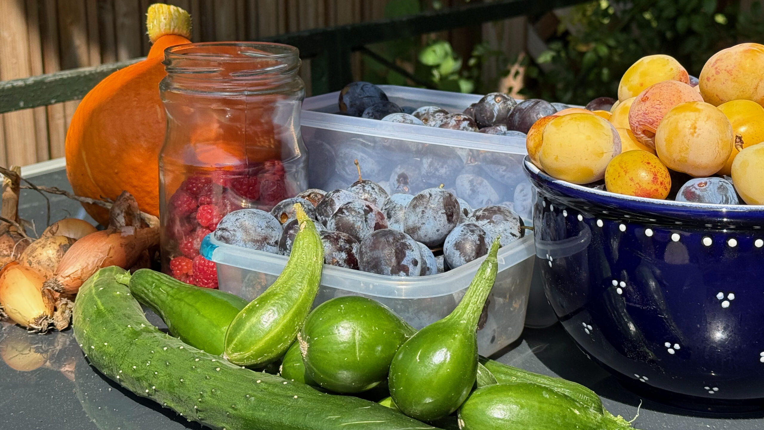 Sommerernte auf einem Tisch mit Gurken, Zwiebeln, Pflaumen und Schalen, eine Kürbis und Himbeeren in einem Glas.