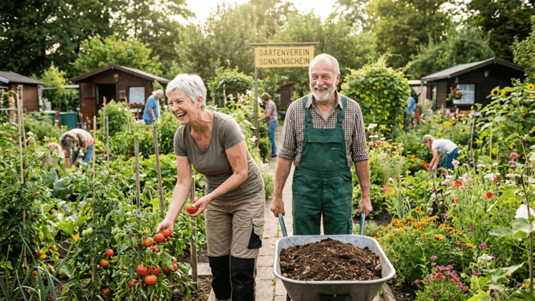 Ein älteres Paar in Gartenkleidung steht in einer grünen Gartenkulisse. Im Hintergrund sind weitere Personen mit Gartenarbeiten beschäftigt. Detaillierte Beschreibung unten.