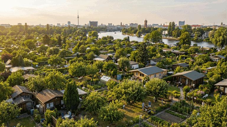 Fiktive Kleingartenanlage an der Spree mit Berlin im Hintergrund. Detaillierte Beschreibung unten.