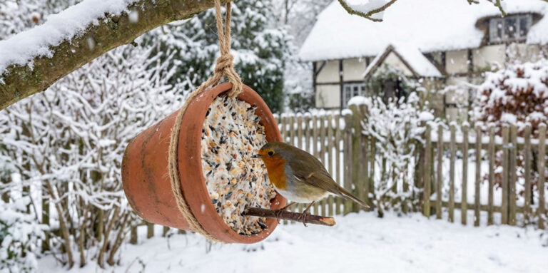 Rotkehlchen vor einer verschneiten Gartenkulisse an einer Selbstgebauten Futterstation. Detaillierte Beschreibung unten.