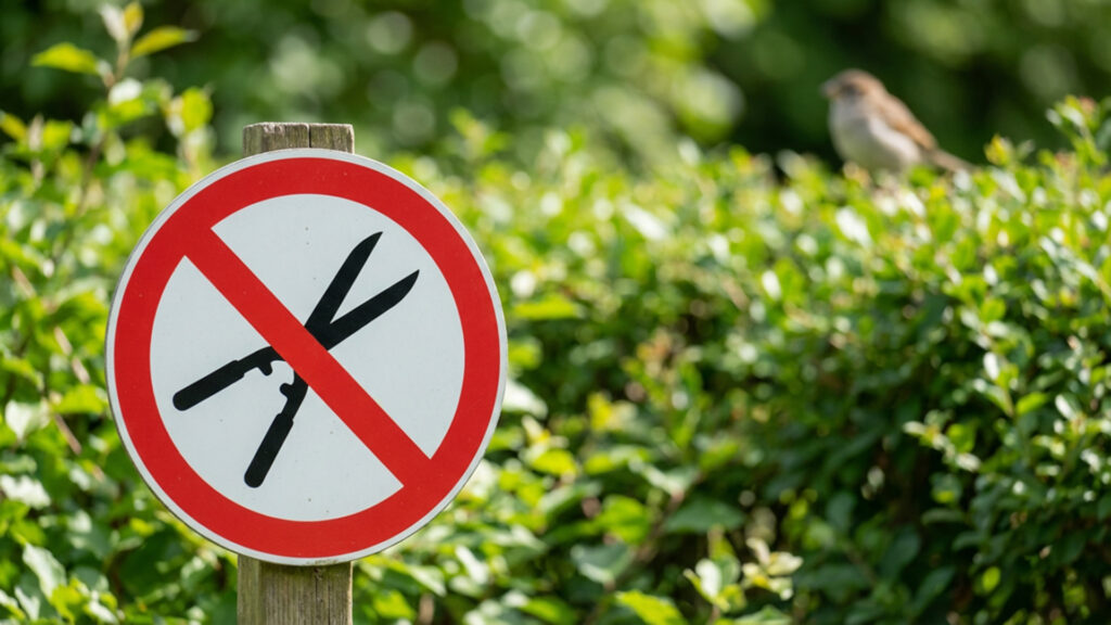 Das obere Drittel einer grünen Laubhecke auf der oben rechts ein Singvogel sitzt. Vor der Hecke steht – an einem Holzpfahl angebracht – ein Verbotsschild mit dem Piktogramm einer durchgestrichenen schwarzen Heckenschere auf weißem Grund.