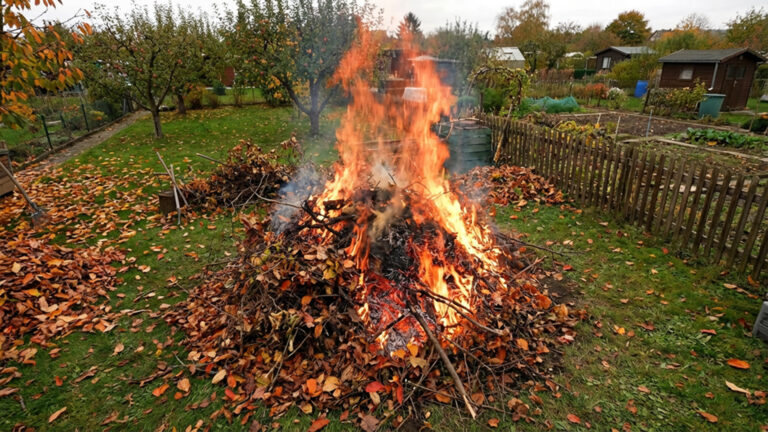 Ein brennender Laubhaufen mit Ästen und Zweigen auf einer Wiese in einem Kleingarten. Die Jahreszeit ist Herbst. Die Perspektive schaut von schräg oben auf das Feuer, zeigt es aber in Gänze. Rechts trennt ein Holzzaun das Grundstück zum Nachbarn ab. Im Hintergrund sind ein paar Gartenlauben aus Holz zu sehen.