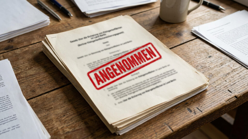 Rustikaler Holzschreibtisch mit mehreren Papierstapeln. Mittig ein Stapel mit einem großen, roten Stempel mit dem Wort Angenommen.