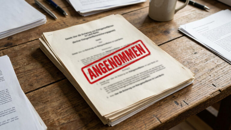 Rustikaler Holzschreibtisch mit mehreren Papierstapeln. Mittig ein Stapel mit einem großen, roten Stempel mit dem Wort Angenommen.