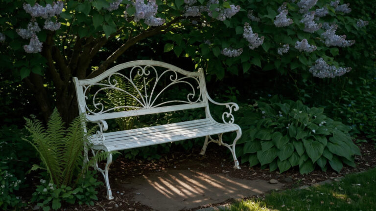 Abhilfe bei Hitze im Kleingarten: Eine weiße Gartenbank im Schatten unter einem Fliederbusch umringt von grünen Pflanzen. Weitere Details in der Beschreibung.