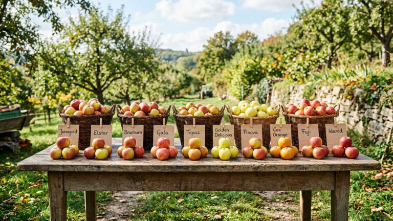 Verschiedenfarbige alte Apfelsorten in Weidekörben vor einer Streuobstwiese.
