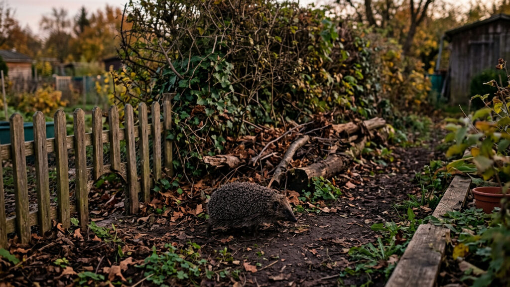 Braunbrustigel zwischen Laub und Reisig in einer naturnahen Ecke eines herbstlichen Kleingartens.