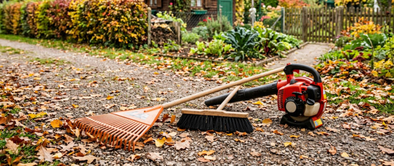Laubrechen und Handbesen liegen neben einem ausgeschalteten Laubbläser auf einem herbstlichen Gartenweg im Kleingarten.