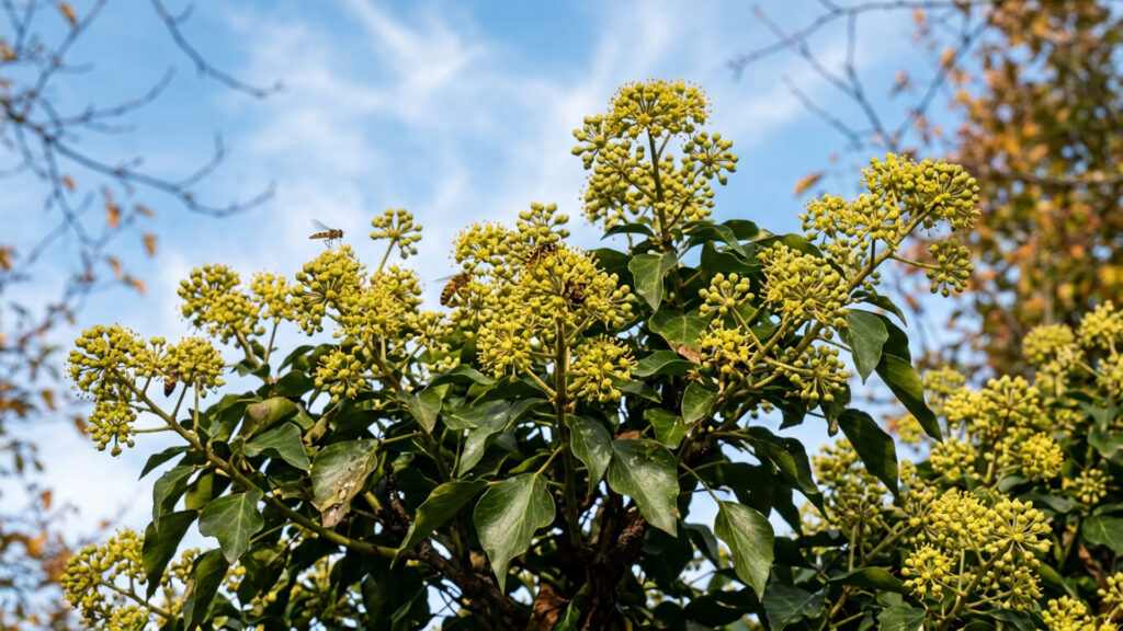 Blühender Strauch-Efeu im herbstlichen Garten, der von einigen Insekten besucht wird.